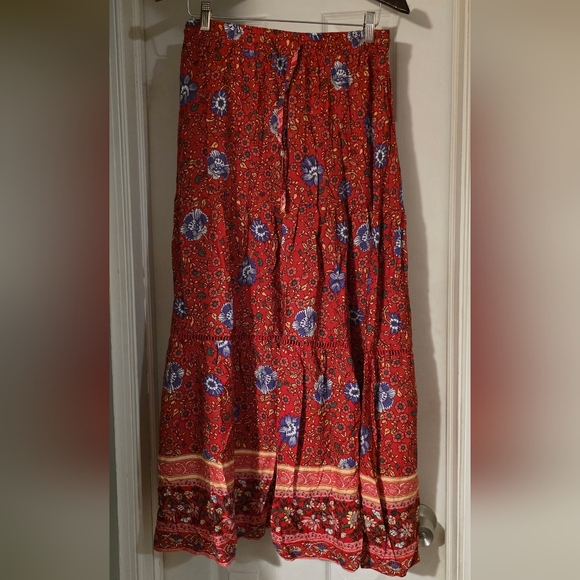 R. Vivimos Dresses & Skirts - Red Tiered Boho Maxi Skirt for Casual Resort Wear